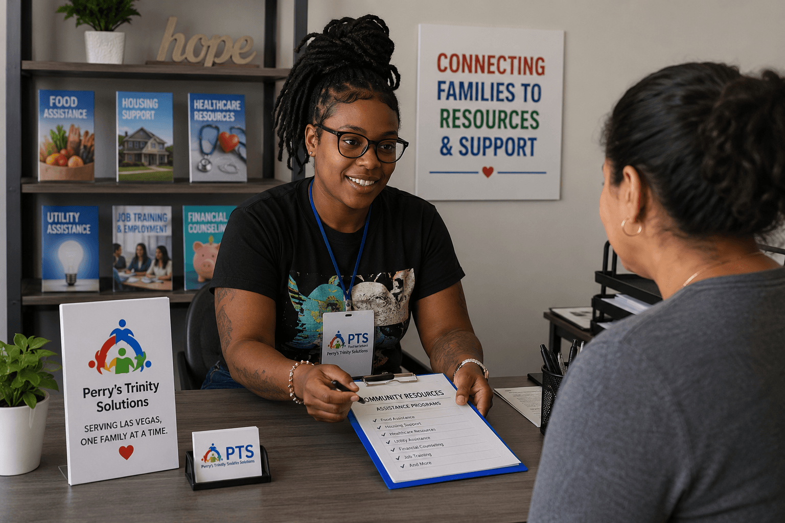 person receiving guidance with paperwork at a community center