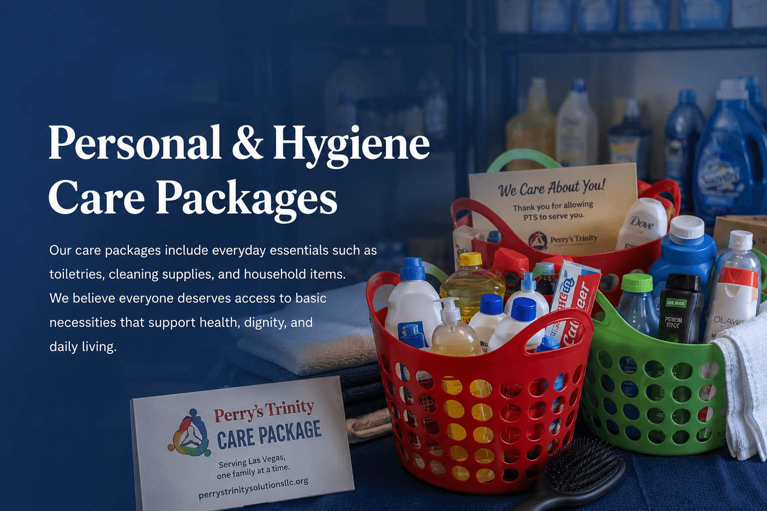 care packages with toiletries and hygiene items neatly arranged